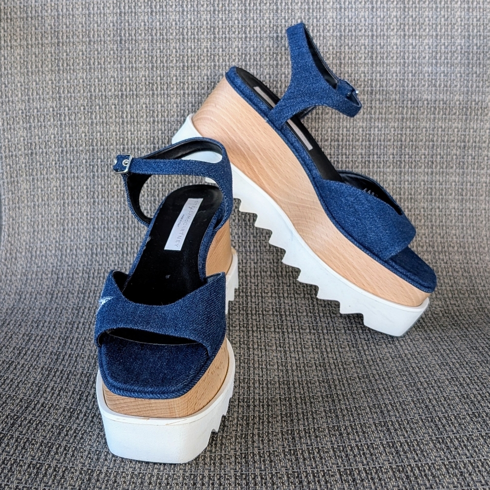 STELLA MCCARTNEY Striped Star Denim Platform Sandals Sz 38 NWOT